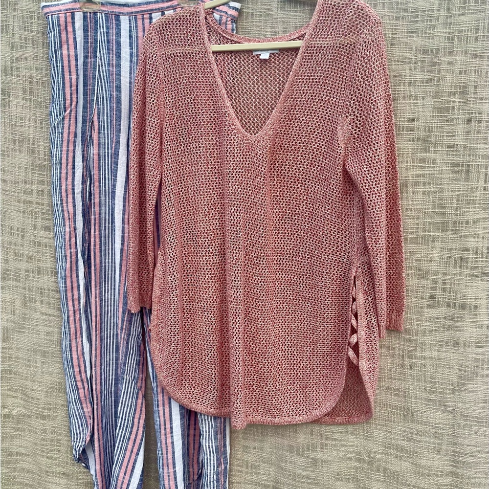 Open weave crocheted top, Nantucket red sweater, bathing suit coverup
